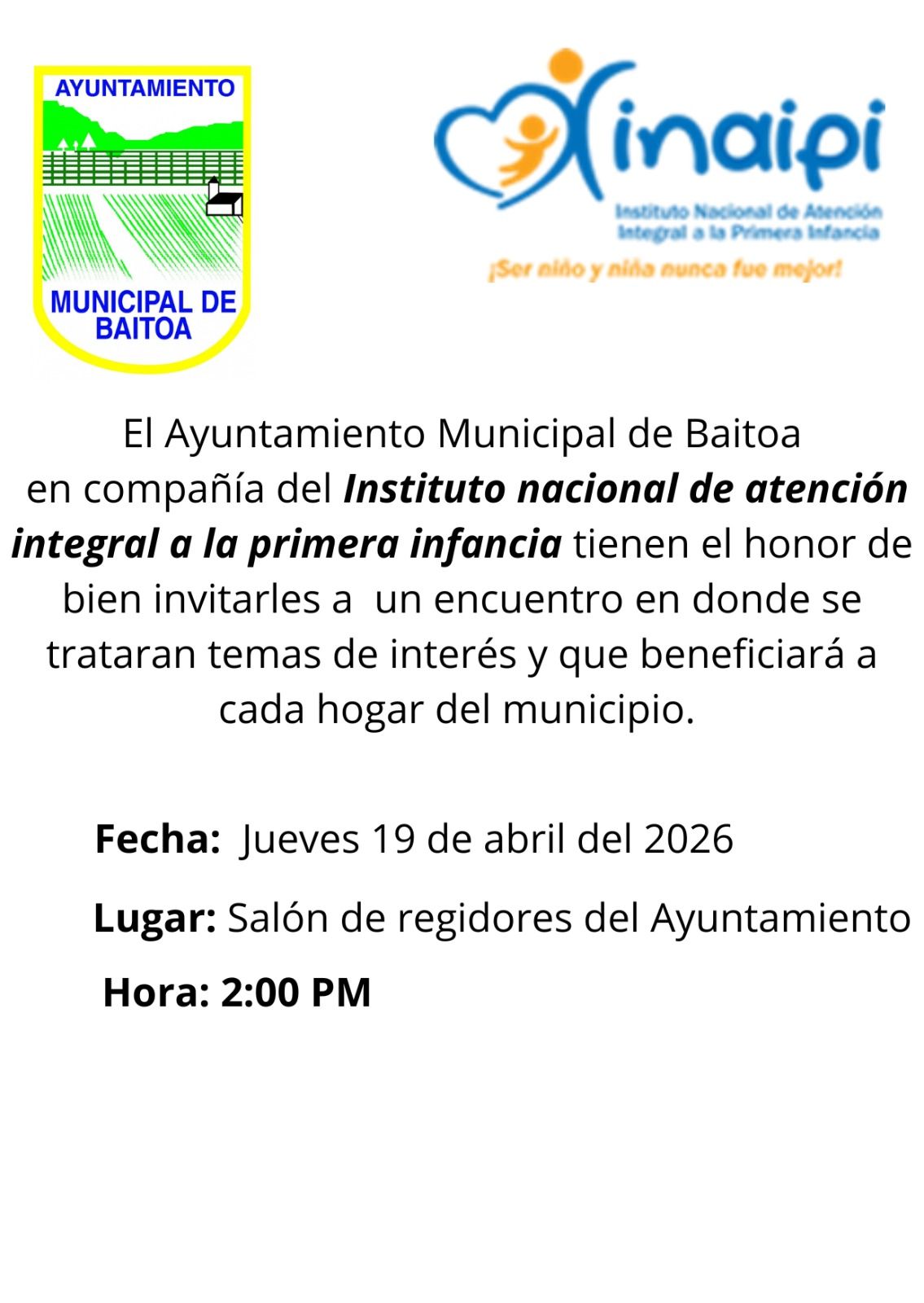 Ayuntamiento de Baitoa e INAIPI convocan encuentro comunitario sobre temas de interés social